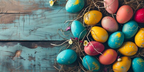 top wiev Colorful easter eggs and spring flowers - obrazy, fototapety, plakaty