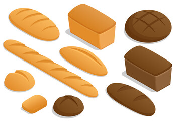 Isometric set of Fresh Crusty Breads. Whole grain rye and wheat bread. Homemade fresh baked various loaves of wheat and rye bread