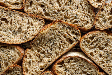 Slices of traditional sourdough bread, top view. Bread background