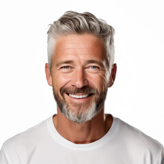 Obraz premium Portrait of a smiling older man showing teeth with a white background headshot