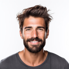 Fototapeta premium Studio portrait of a man smiling with a modern haircut. Advertisement for dental, business, studio, etc.