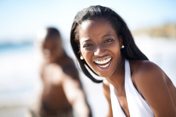 Happy, portrait and black woman at beach for travel, freedom and fun with husband in nature. Love,...