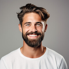 Obraz premium Studio portrait of a man smiling with a modern haircut. Advertisement for dental, business, studio, etc.