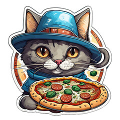 Kot w niebieskiej czapce jedzący pizze