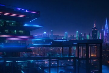 A futuristic city penthouse with a rooftop garden and a skyline illuminated with city lights. - obrazy, fototapety, plakaty