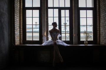Ballerina in a tutu sits on the windowsill near a large window.