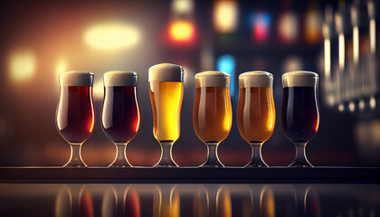 Different sorts of light and dark beer stand in a row on the bar counter. AI generative. - obrazy, fototapety, plakaty