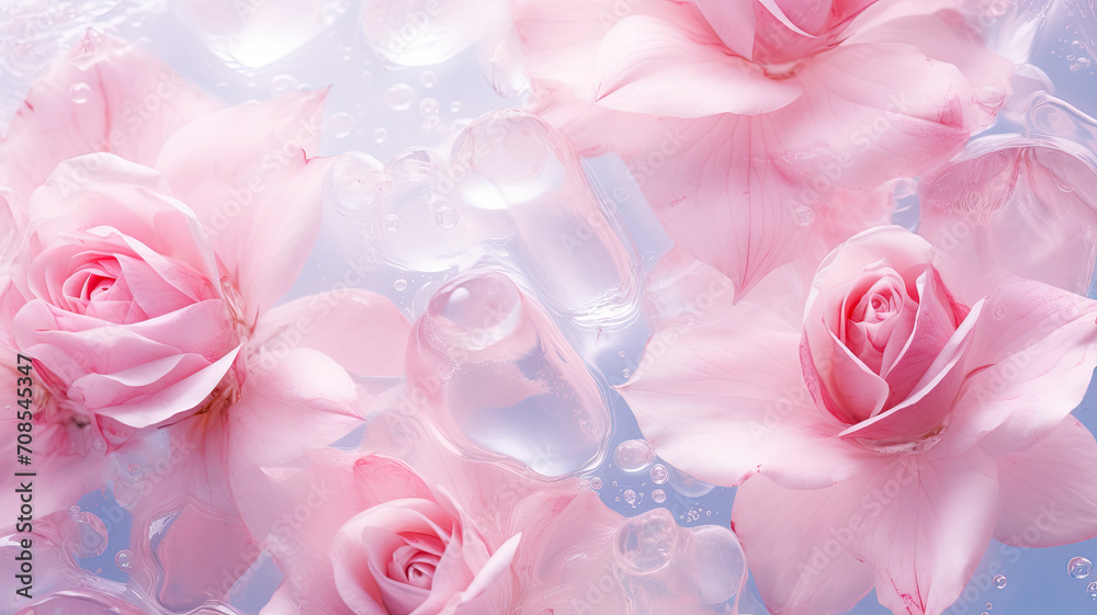 Wall mural Pink background of frozen roses in ice, concept of cryotherapy for skin care. Elegant pink flowers in ice. Delicate petals texture. Frosty beautiful natural winter or spring background.