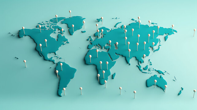 World Map icon with pins. travel concept. 3d render illustration