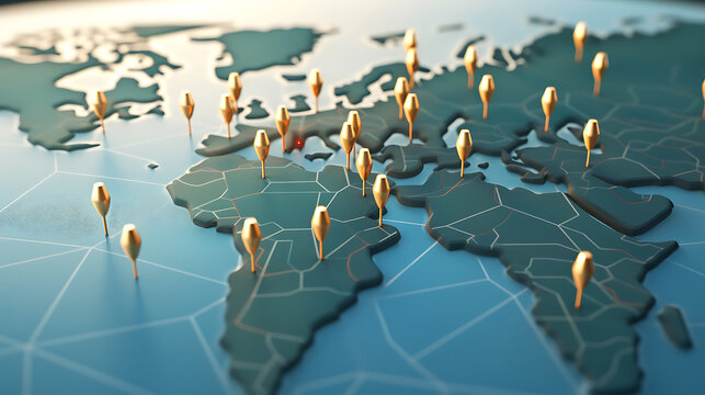 Fototapeta World Map icon with pins. travel concept. 3d render illustration