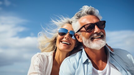 Happy retired couple smiling and embracing