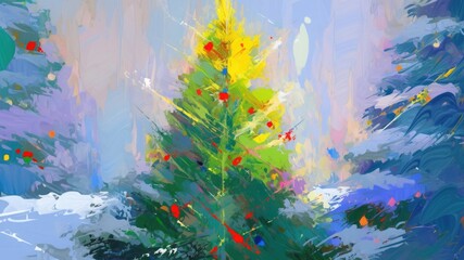カラフルなクリスマスツリーの油絵_1