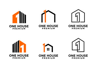 one 1 house home letter logo icon design  template