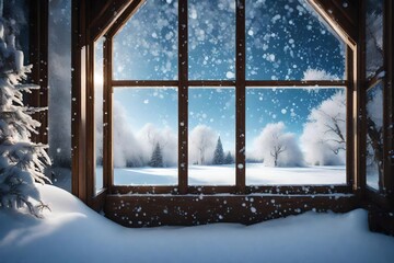 A frosty window with a wooden frame,  a dreamlike winter landscape outside, complete with falling snowflakes.