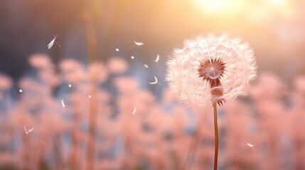 A tranquil and atmospheric photograph capturing the serene beauty of a peach-colored dandelion. Generative AI