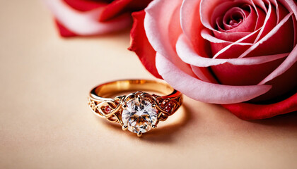 A captivating round brilliant-cut diamond ring with an ornate gold band, tenderly nestled beside a blossoming pink rose, conveys the essence of romance and the promise of a future filled with love and