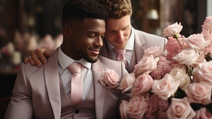 wedding of homosexual couple. male partners hugging each other - obrazy, fototapety, plakaty