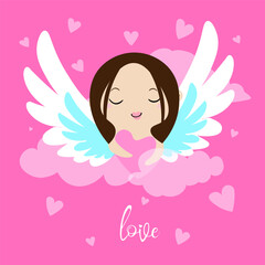 Cute girl angel with heart on pink background. Vector illustration.