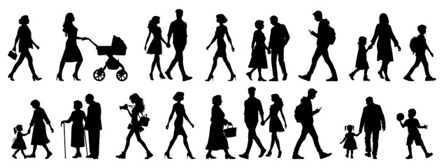 vector illustration. silhouettes of people walking along the street. Large set of characters of different ages. - obrazy, fototapety, plakaty