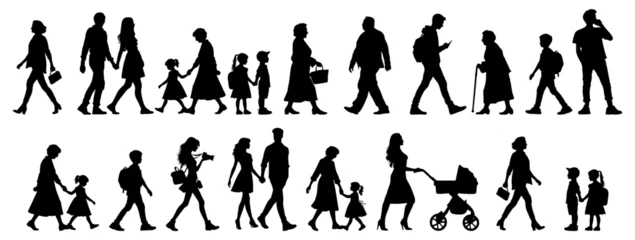 Fotobehang vector illustration. silhouettes of people walking along the street. Large set of characters of different ages. © Козич Денис