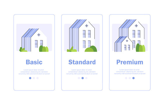 Service upgrade concept,three options, basic subscription, standard account, premium plan, experience improvement, better offer
