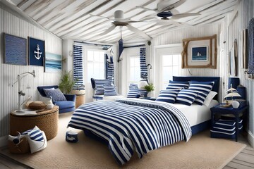 Nautical-themed bedroom with navy blue accents, striped patterns, and beach-inspired decor.