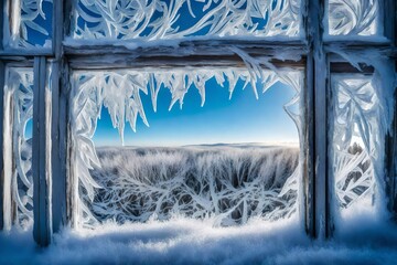 A close-up of a wooden window frame covered in frost, with clear skies and intricate ice patterns creating a visually captivating scene.
