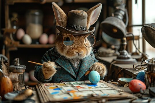 Easter artist bunny painting colorful easter eggs in his workshop