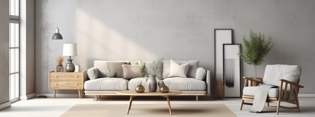 Modern Scandinavian Living Room Interior with Elegant Furniture and Decor. wall Art , Poster , Interior Design , illustration  
