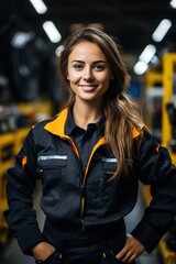 portrait of a female mechanic smiling in a workshop