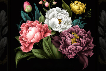Beautiful dark floral pattern of flowers and leaves on a dark moody background
