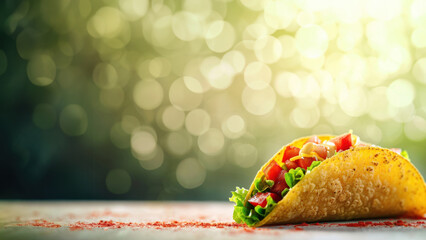 Freshly Prepared Crunchy Taco with Vibrant Vegetables on a Bokeh Background, Horizontal Poster or Sign with Open Empty Copy Space for Text 
