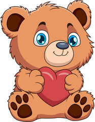 Cartoon illustration of cute bear mascot sitting and holding a love heart