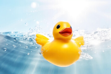 Close-up of a small yellow duck in clear water. Cute children rubber toy and water splashes. Created using generative AI.