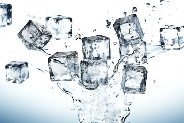 Ice cube in clear water. Splashes and drops of water on a white background. Realistic liquid wave. Generative AI.