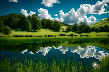 Vibrant green grasslands meeting the edge of a pristine lake, reflecting the azure sky and fluffy clouds above.