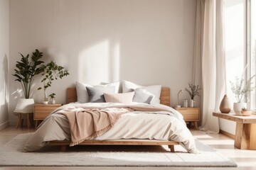 Scandinavian interior home design of modern bedroom with wooden bed and white bed beside the window