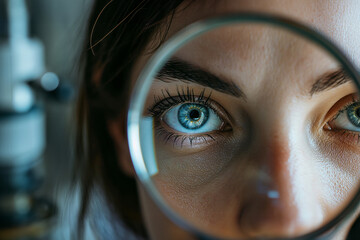 woman looking through magnifying glass - obrazy, fototapety, plakaty