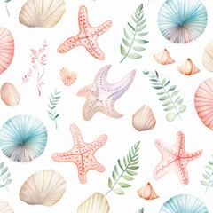 Adorable and pretty sea pattern with shells and starfishes on watercolor background.