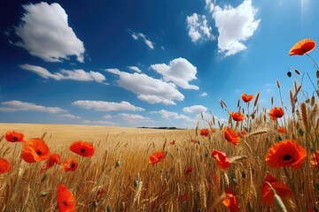 Field of poppies and barley in the sunshine