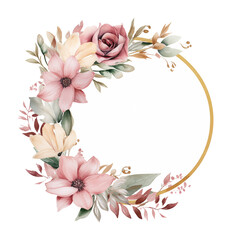 Round Wreath, golden floral frame, watercolor flowers, pink roses, Illustration. Isolated on a transparent background. Perfectly for greeting card design, wedding stationery invitation