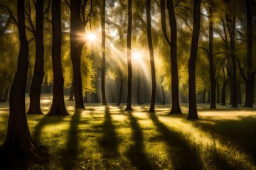 A magical scene of a grassy field surrounded by towering trees, with sunlight streaming through the branches, casting enchanting shadows.
