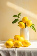 Lemons on table top still life, minimal style.