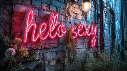 A neon sign that says hello sexy on a brick wall