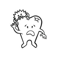 sad character tooth broken due to caries monster, oral hygiene, outline vector