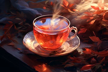Fototapeten A cup of hot tea on the windowsill. AI generated. © serperm73