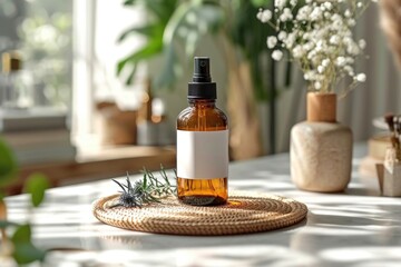 A bottle of essential oil sitting on top of a table, beauty or wellness product mockup, copy-space.