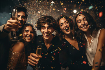 Five multirass friends laugh and drink champagne. A group of young people have fun together, confetti is flying at them.Generated by AI. - obrazy, fototapety, plakaty