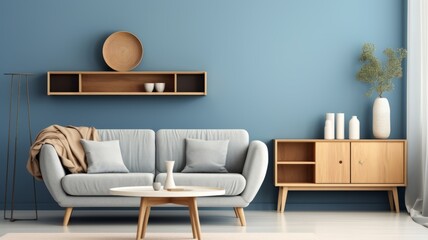 Modern living room wooden buffet with sofa and blue wall.wall Art , Poster , Interior Design , illustration  , Wallpaper , 