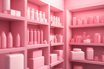 Pink cabinet with shelves and varios mockups of beauty products without labels